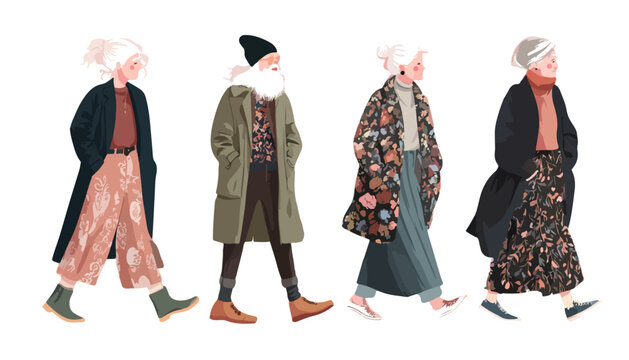 Stylizowana ilustracja przedstawiająca starsze osoby w modnych, warstwowych strojach, spacerujące z elegancją na przezroczystym tle.