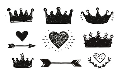 Zestaw ręcznie rysowanych koron, serc i strzał w stylu doodle, idealny jako przezroczyste elementy graficzne do projekt&oacute;w cyfrowych.