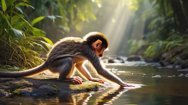 Curious monkey exploring serene jungle stream with lush greenery