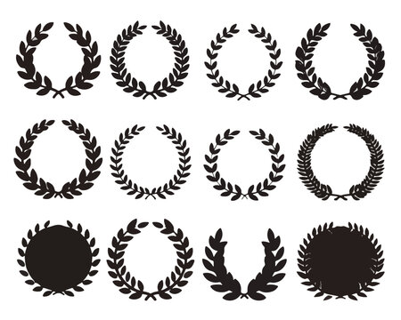 Zestaw czarnych, stylizowanych wieńc&oacute;w laurowych i okrągłych ramek, symbolizujących zwycięstwo, sukces oraz elegancję, idealnych do projektowania graficznego.