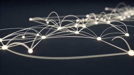 Complex web of illuminated nodes and lines, symbolizing advanced connectivity, digital communication, and future technology infrastructure, creating a dynamic visual representation of data flow