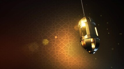 Golden Islamic lanterns hanging and rotating with glowing particles on a dark background, cinematic 3D animation for Ramadan and Eid.