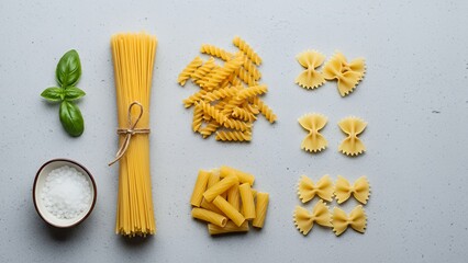 Variety of pasta and ingredients arranged on a grey surface for culinary preparation