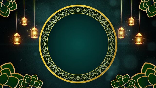 Islamic gold frame with hanging lanterns on green background 