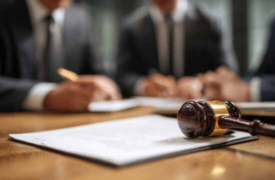 A judge's gavel resting on legal documents during a legal proceeding with two lawyers and a business professional in discussion