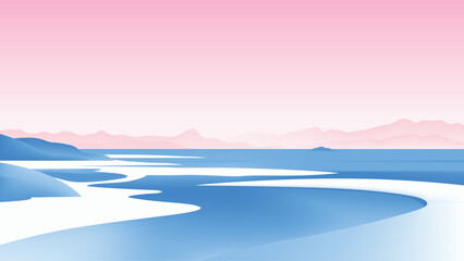 Minimalist estuary landscape with pale pink sands and deep blue waters against a backdrop of hazy, layered mountains