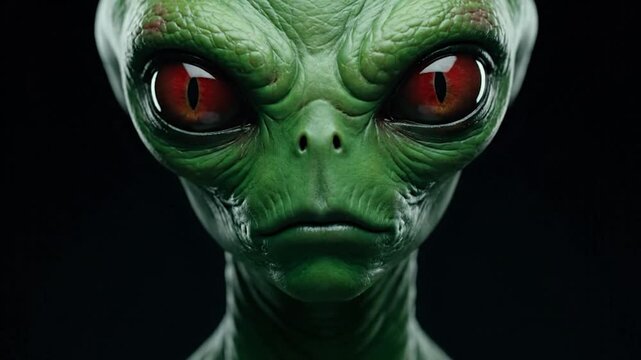 A detailed headshot of a green extraterrestrial with large red eyes against a black background