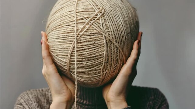 Woman covering face with hands and yarn ball