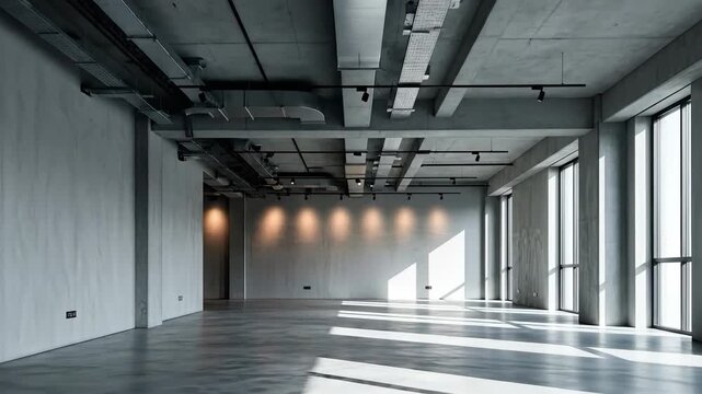 Modern empty office space with concrete walls and natural light.