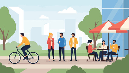 Group of People Standing Outside Cafe.