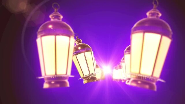 Golden Ramadan Lanterns Flying Through a Purple Tunnel with Lens Flare; Seamless Loop for Islamic Festive Celebration and Eid