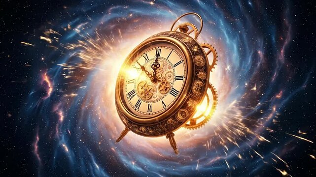 Time travel concept with steampunk clock in space