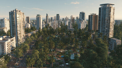 Fototapeta premium A modern city skyline with tall glass skyscrapers and lush green parks in a vibrant urban landscape
