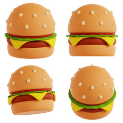 High quality 3D illustration of cheese burger icons with juicy beef patty, melted cheese, bun, and toppings. Modern colorful style for graphic assets, UI elements, apps, menus, and branding