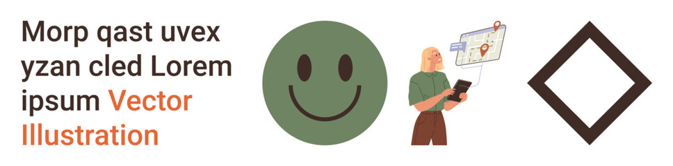 Fototapeta premium Emotional expression, technology mapping, data analysis, navigation, concepts, geometric design. Green happy face, person with map on tablet diamond shape. Emotional expression and technology