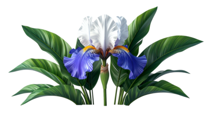 Digitally painted iris with white, blue, and yellow petals surrounded by lush green leaves