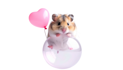 A hamster floats inside a bubble, holding a pink heart balloon against a black backdrop
