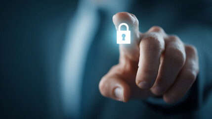 A person's hand with index finger touching a digital padlock icon representing cybersecurity or data protection