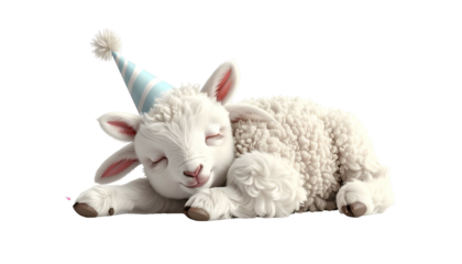 A fluffy white lamb, asleep on a black background, wearing a party hat