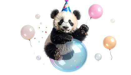 A cheerful panda with party hat sits on a bubble, balloons float around
