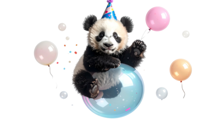 A cheerful panda with party hat sits on a bubble, balloons float around
