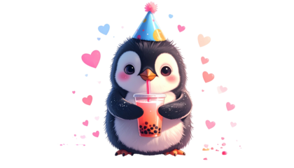 A cute penguin with a party hat enjoys boba tea, surrounded by floating heart shapes