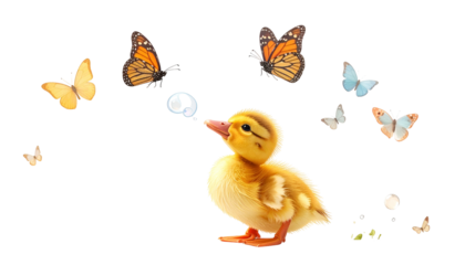 A fluffy duckling, eyes upward, watches several colorful butterflies flitting around