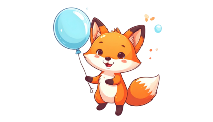 Cheerful cartoon fox with orange fur, holding a blue balloon with bubbles