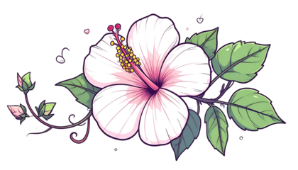 A delicate white hibiscus with pink center, yellow stamen, and green leaves on dark background