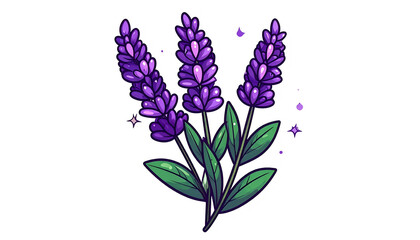 Obraz premium Cartoonish sprig of purple lavender with green leaves, outlined, with glinting details