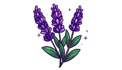 Cartoonish sprig of purple lavender with green leaves, outlined, with glinting details