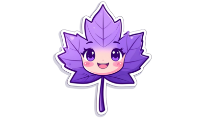 Cartoon leaf with a cute face, in purple and white, isolated on black