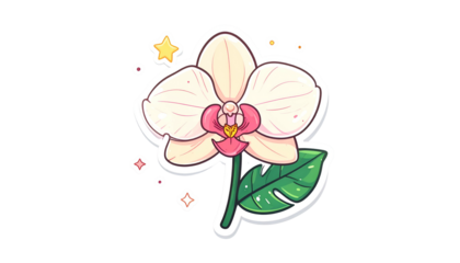 Cartoon of a cream-colored orchid with a pink center, green stem, and leaf on a black background