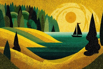 Sailboat The Lake Sunset Pointillism