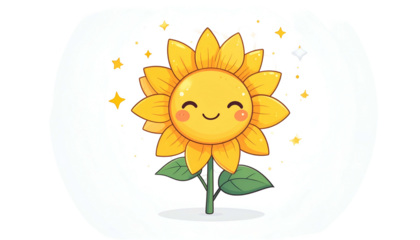 A cheerful cartoon sunflower with a smiling face, sparkles, and leaves, on white background