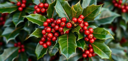 Fototapeta premium Cluster of vibrant red holly berries nestled among glossy dark green leaves, a quintessential symbol of winter and holidays, decoration, branch