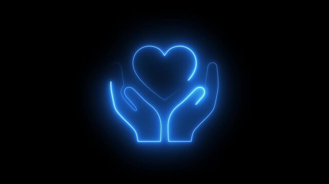 Neon heart icon animation, color flicker. Glowing neon love icon, Animation icon of a broken red heart 4k on black background.
neon love icon on hand .Hand holding and giving heart to hand.