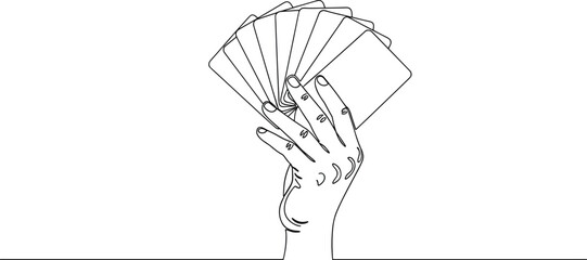 Continuous line drawing of a hand holding playing cards, symbolizing gambling, poker, bridge, magic tricks, leisure games, betting, and entertainment. © Itz Majbahuil Here