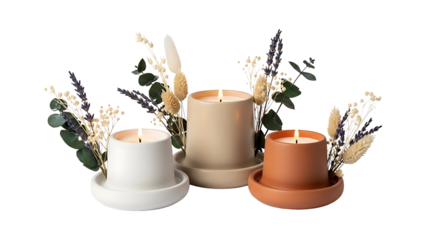 Three elegantly lit scented candles in various earthy-toned ceramic holders are beautifully arranged with delicate dried floral and botanical elements on a pure black background.