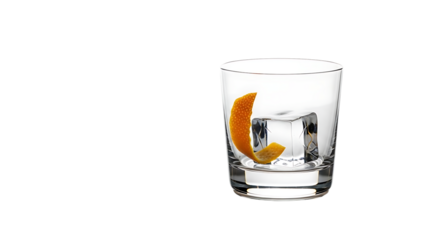 A clear glass containing a single large ice cube and a twisted orange peel sits elegantly on a dark surface, ready for a refreshing cocktail or sophisticated drink.