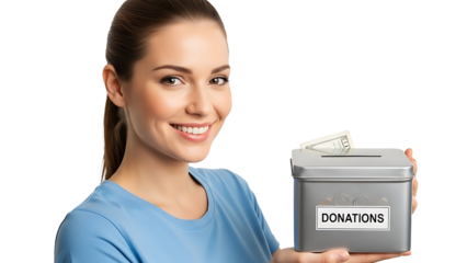 A smiling young woman in a blue t-shirt holds a silver donations box with a dollar bill visible inside, encouraging charitable giving on a dark background.