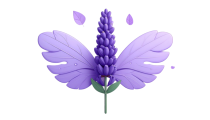 A stylized lavender plant with butterfly wings & floating leaves against a black backdrop