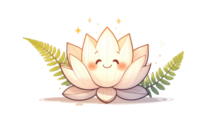 Cartoon lotus flower with a happy face, surrounded by ferns and sparkles