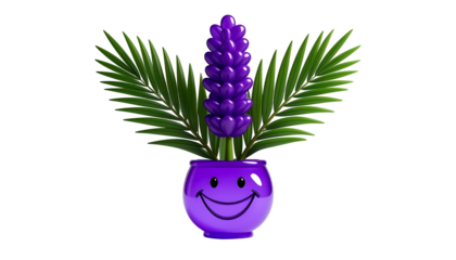 A smiling purple pot with a lavender flower and green fern-like fronds against black