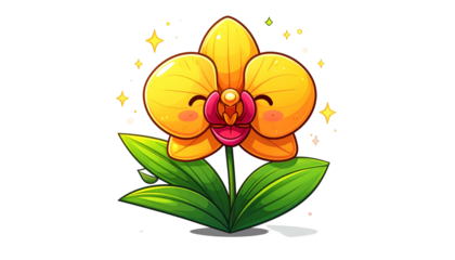 Smiling yellow orchid with pink center and green leaves, surrounded by sparkles