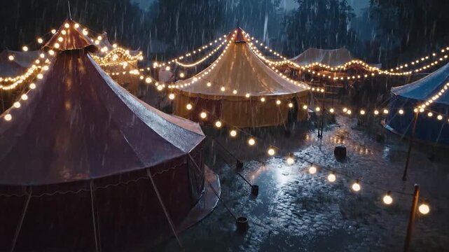 Rainy night circus tents illuminated with string lights and ambiance.