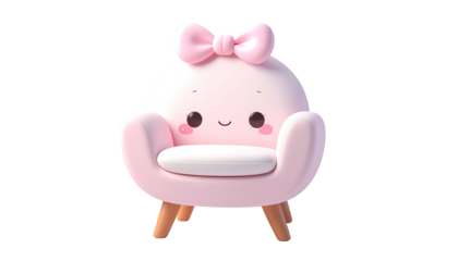 Adorable pink cartoon armchair with a bow, round shape, and a happy face