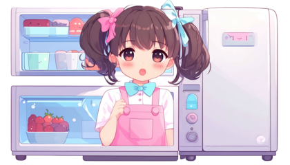 A cute anime girl in a pink apron gazes at a refrigerator with food items