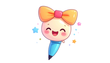 Cute cartoon pen with a smiling face, big bow, and colorful stars, on black