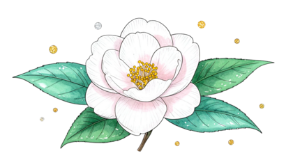 Delicate watercolor illustration of a white flower with yellow center, green leaves, and sparkles